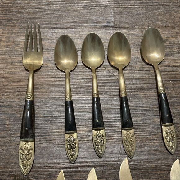 Vintage 12 Pieces MCM Siam Thailand Bronze Rose Wood Brass Tone Flatware - Picture 3 of 7